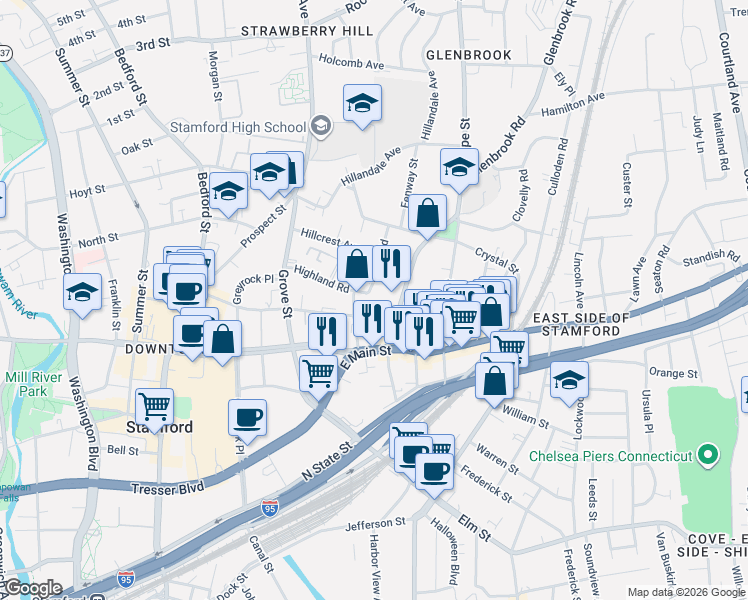 map of restaurants, bars, coffee shops, grocery stores, and more near 30 Glenbrook Road in Stamford