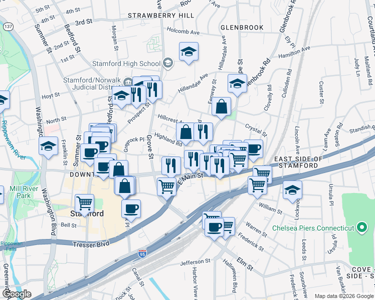 map of restaurants, bars, coffee shops, grocery stores, and more near 164 Forest Street in Stamford