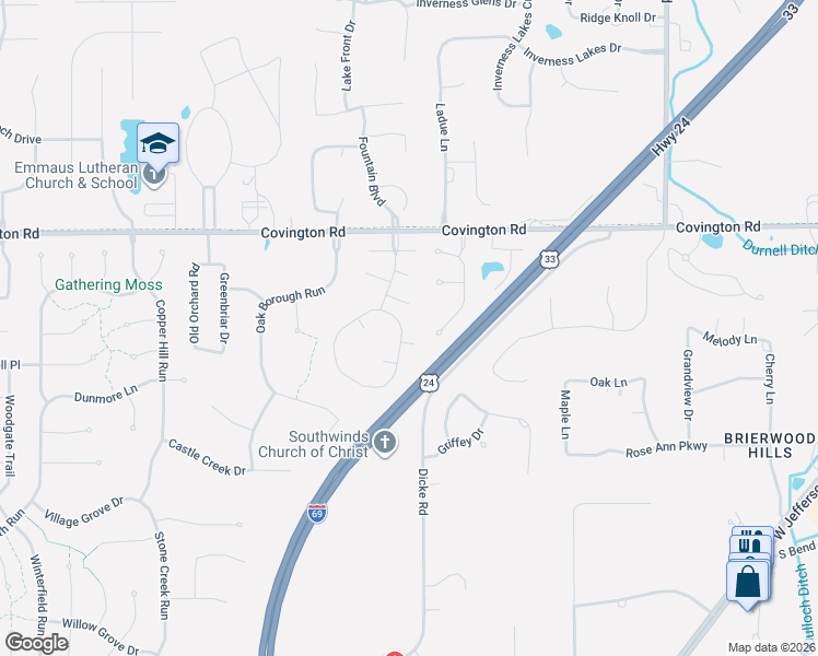 map of restaurants, bars, coffee shops, grocery stores, and more near 2927 Wood Knoll Lane in Fort Wayne