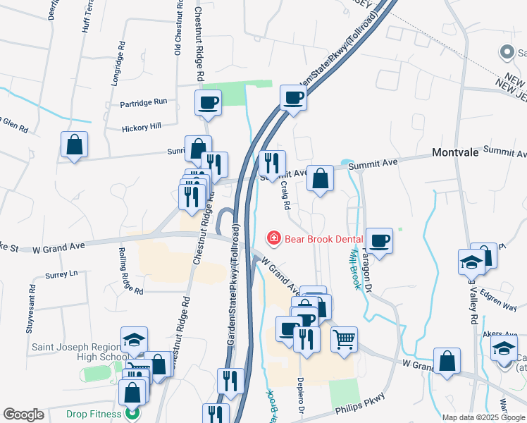 map of restaurants, bars, coffee shops, grocery stores, and more near 110 Summit Avenue in Montvale