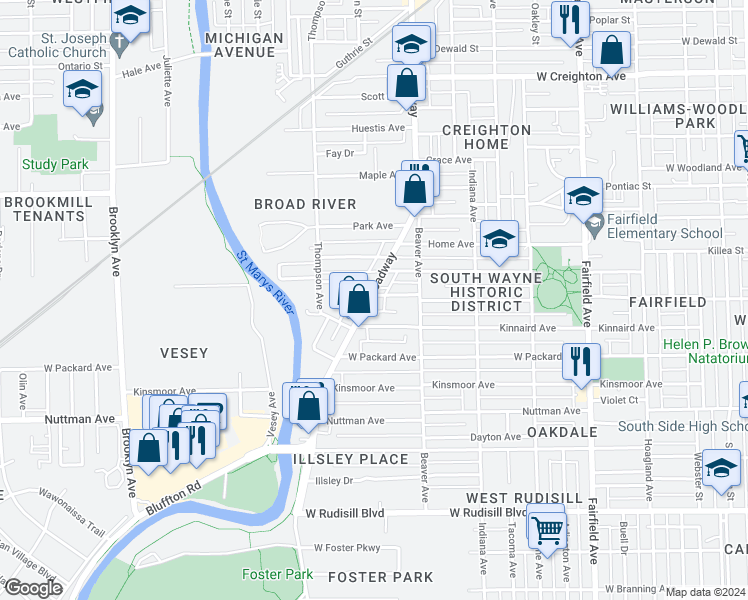 map of restaurants, bars, coffee shops, grocery stores, and more near 3101 Broadway in Fort Wayne