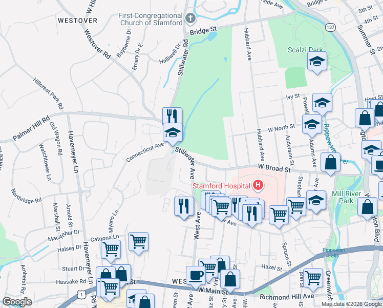 map of restaurants, bars, coffee shops, grocery stores, and more near 390 Stillwater Avenue in Stamford