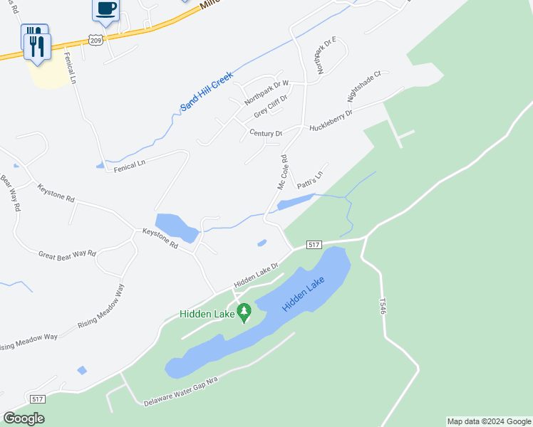map of restaurants, bars, coffee shops, grocery stores, and more near 515 Hidden Lake Drive in East Stroudsburg