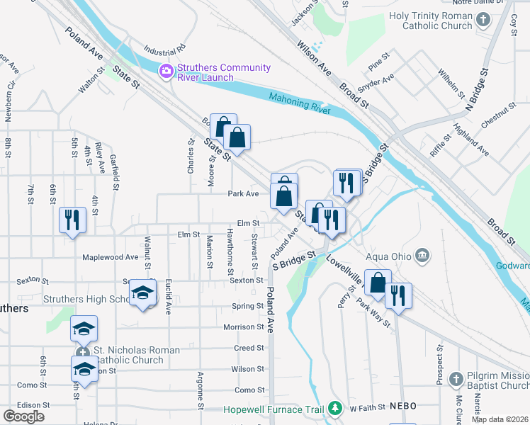 map of restaurants, bars, coffee shops, grocery stores, and more near 26 Elm Street in Struthers