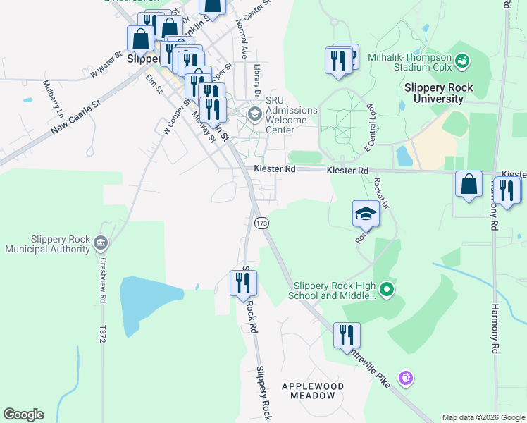 map of restaurants, bars, coffee shops, grocery stores, and more near 670 South Main Street in Slippery Rock
