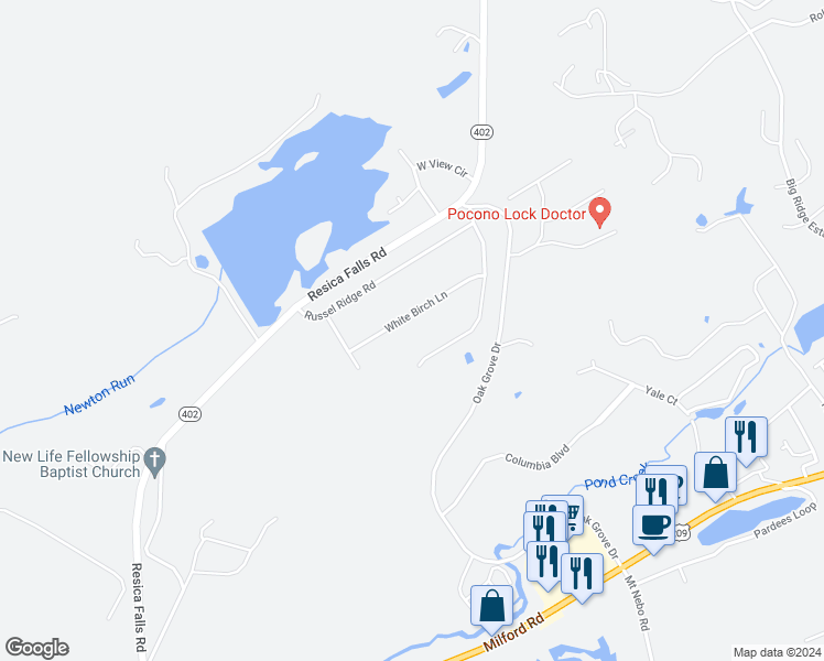 map of restaurants, bars, coffee shops, grocery stores, and more near 75 White Birch Lane in East Stroudsburg
