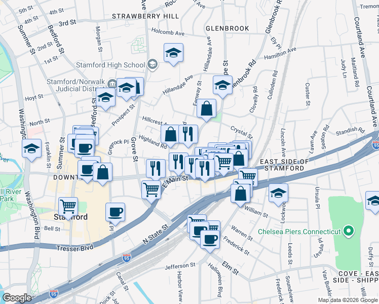 map of restaurants, bars, coffee shops, grocery stores, and more near 30 Glenbrook Road in Stamford