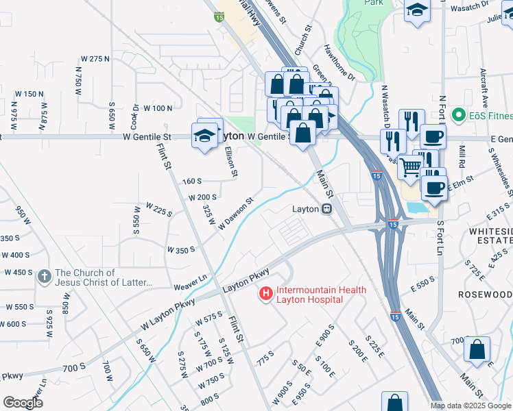 map of restaurants, bars, coffee shops, grocery stores, and more near 207 South Dawson Street in Layton