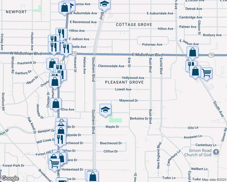 map of restaurants, bars, coffee shops, grocery stores, and more near 150 Maywood Drive in Youngstown
