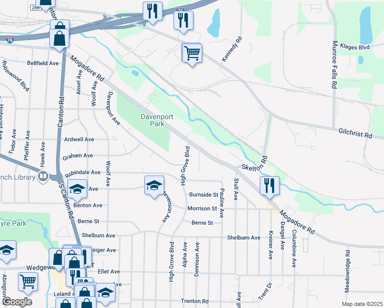 map of restaurants, bars, coffee shops, grocery stores, and more near 2880 Mogadore Road in Akron
