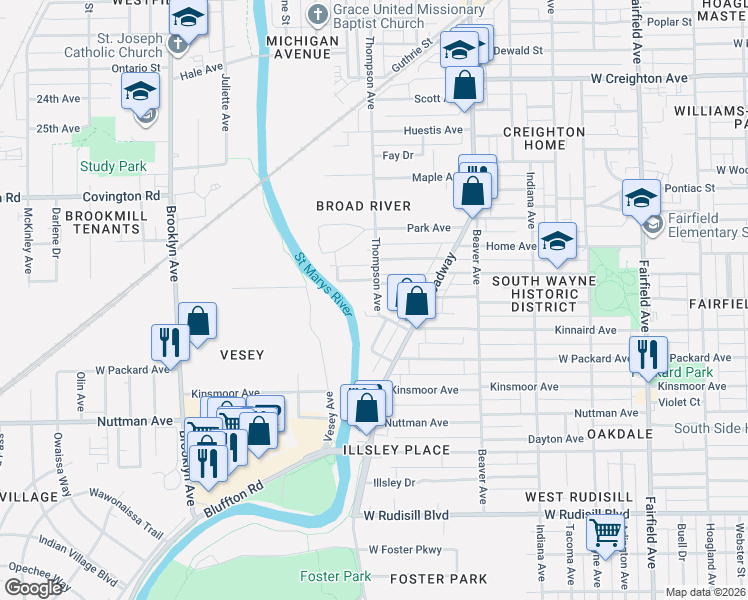 map of restaurants, bars, coffee shops, grocery stores, and more near 3112 Thompson Avenue in Fort Wayne