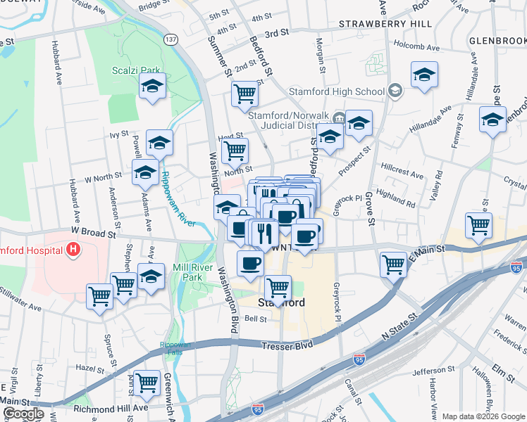 map of restaurants, bars, coffee shops, grocery stores, and more near 460 Summer Street in Stamford