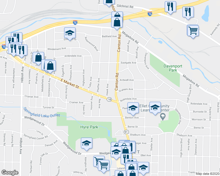 map of restaurants, bars, coffee shops, grocery stores, and more near 247 Hawk Avenue in Akron