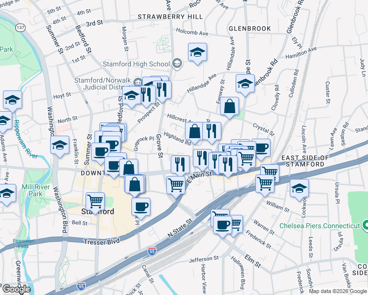 map of restaurants, bars, coffee shops, grocery stores, and more near 164 Forest Street in Stamford