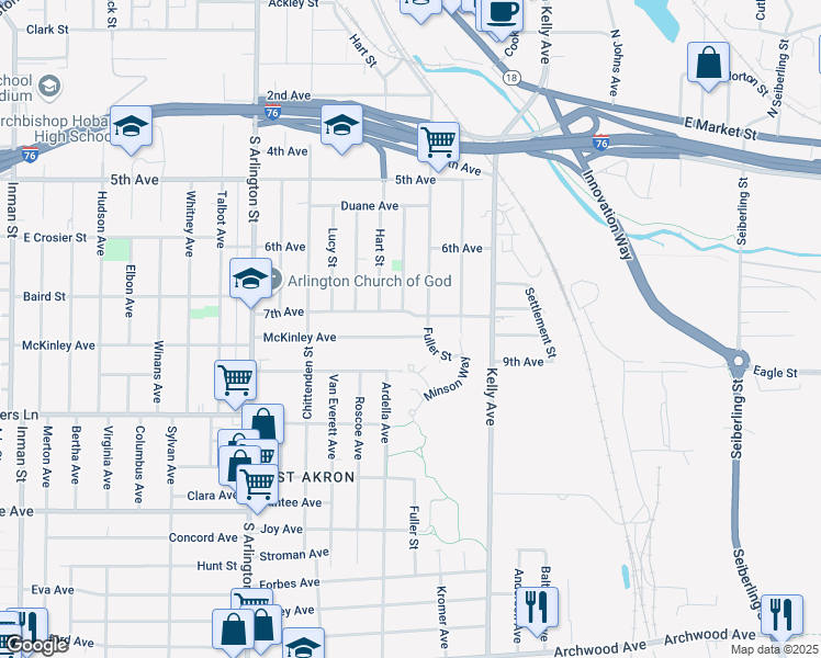 map of restaurants, bars, coffee shops, grocery stores, and more near 524 Fuller Street in Akron