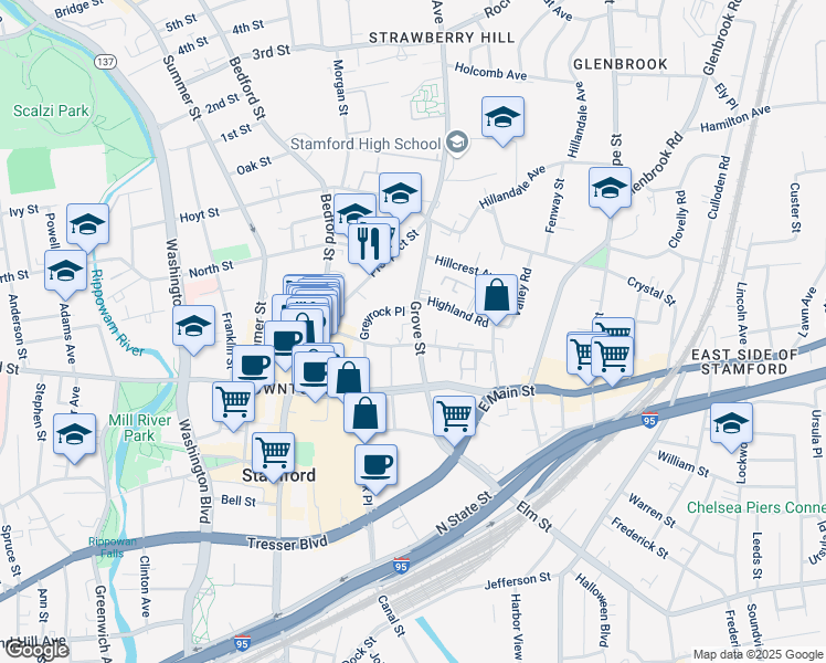 map of restaurants, bars, coffee shops, grocery stores, and more near 144 Forest Street in Stamford