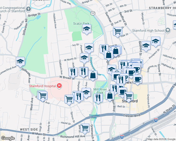 map of restaurants, bars, coffee shops, grocery stores, and more near 28 Hanrahan Street in Stamford