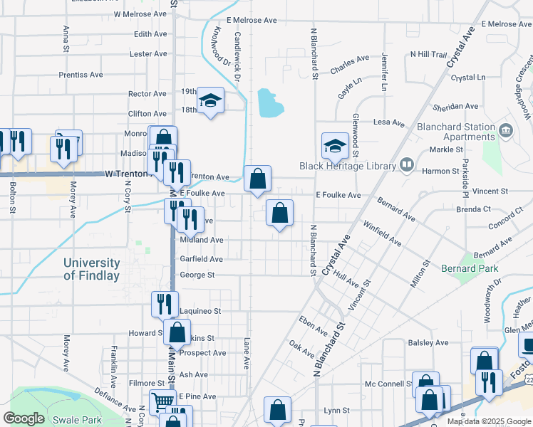 map of restaurants, bars, coffee shops, grocery stores, and more near 315 Allen Avenue in Findlay