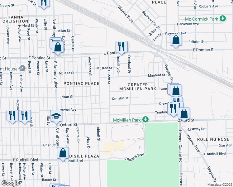 map of restaurants, bars, coffee shops, grocery stores, and more near 2423 Ormsby Street in Fort Wayne