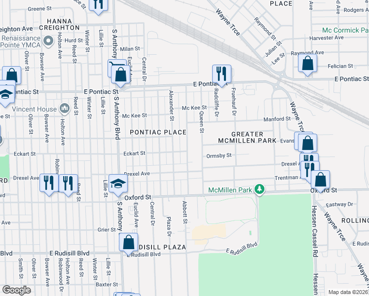 map of restaurants, bars, coffee shops, grocery stores, and more near 2210 Eckart Street in Fort Wayne