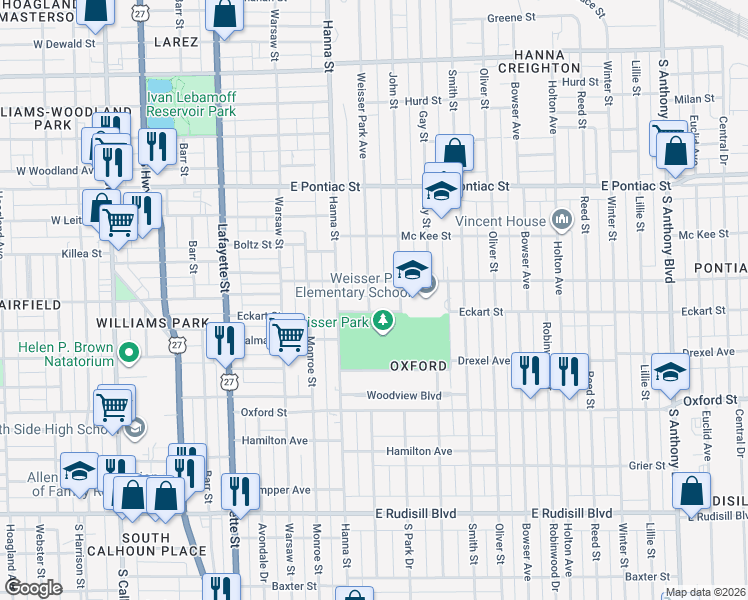map of restaurants, bars, coffee shops, grocery stores, and more near 3025 Weisser Park Avenue in Fort Wayne