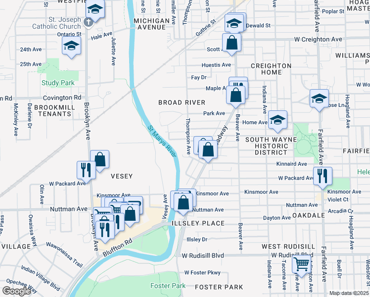 map of restaurants, bars, coffee shops, grocery stores, and more near 3128 Thompson Avenue in Fort Wayne