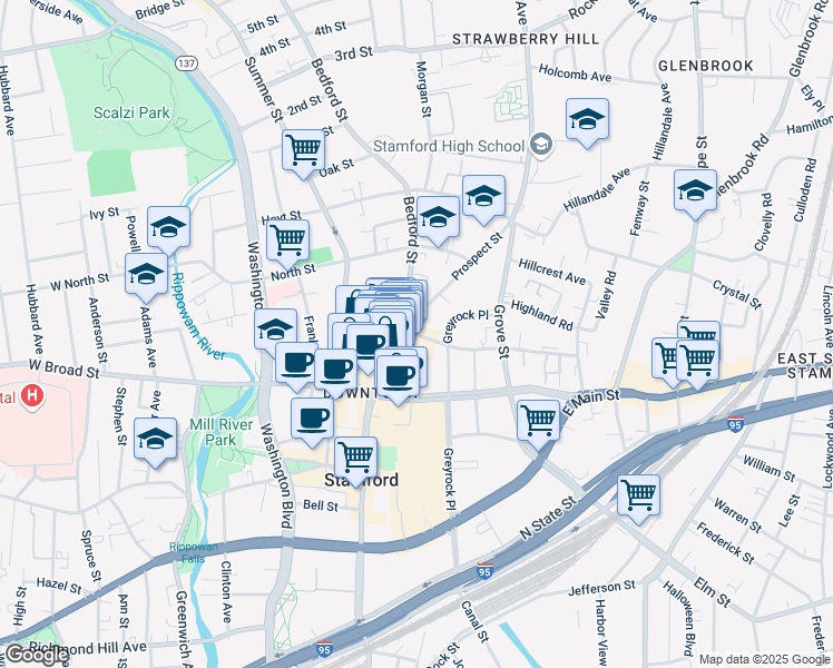 map of restaurants, bars, coffee shops, grocery stores, and more near 255 Prospect Street in Stamford