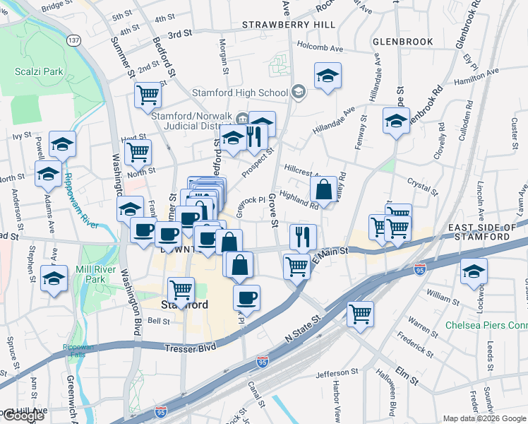 map of restaurants, bars, coffee shops, grocery stores, and more near 70 Forest Street in Stamford