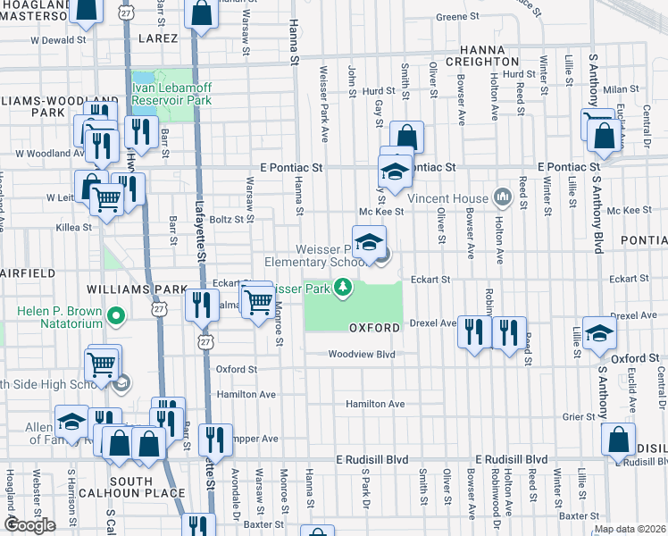 map of restaurants, bars, coffee shops, grocery stores, and more near 3025 Weisser Park Avenue in Fort Wayne