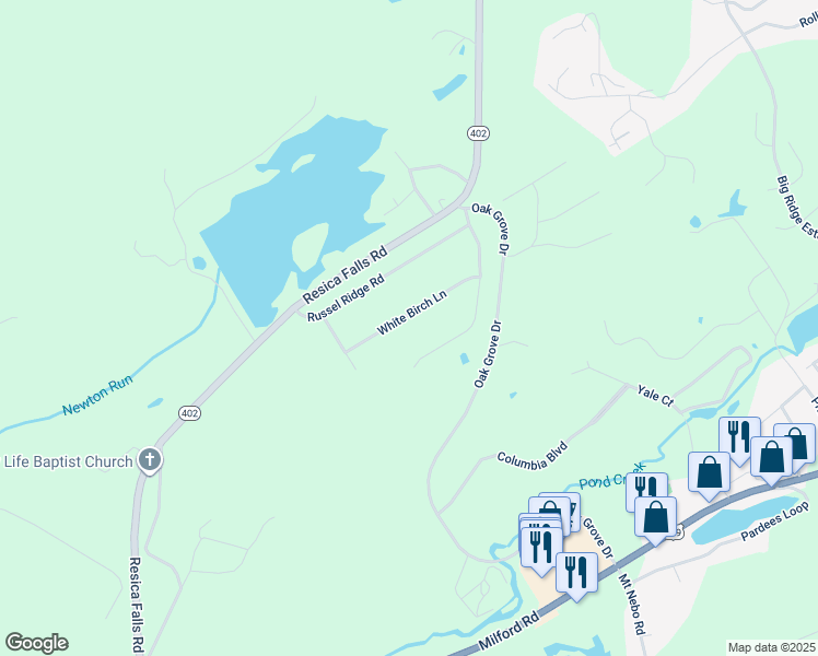 map of restaurants, bars, coffee shops, grocery stores, and more near 75 White Birch Lane in East Stroudsburg