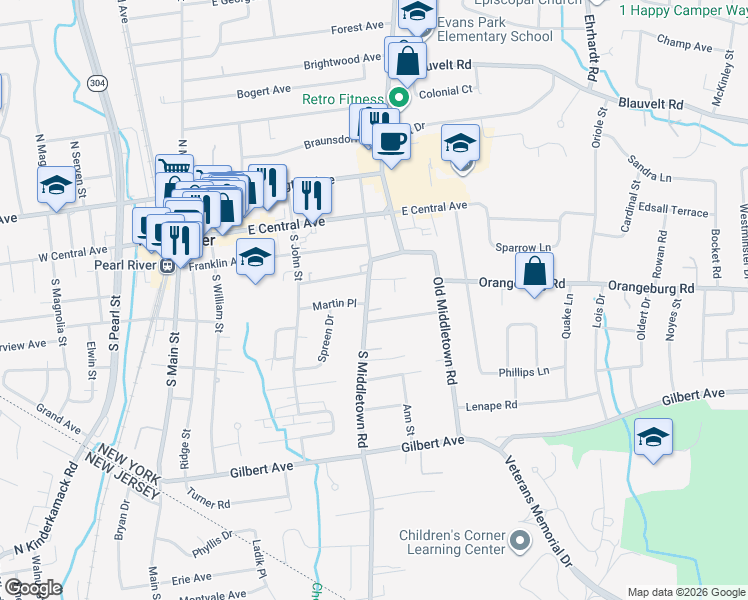 map of restaurants, bars, coffee shops, grocery stores, and more near 70 South Middletown Road in Pearl River