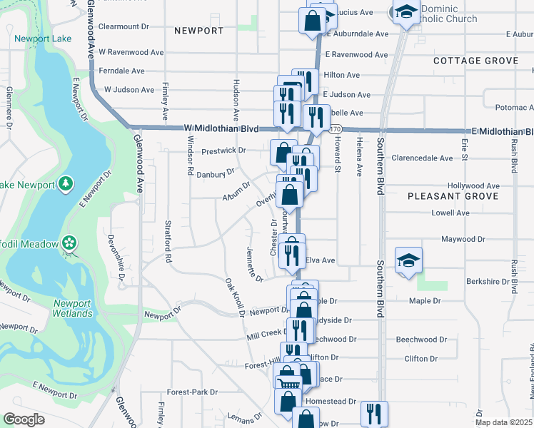 map of restaurants, bars, coffee shops, grocery stores, and more near 4245 Chester Drive in Youngstown