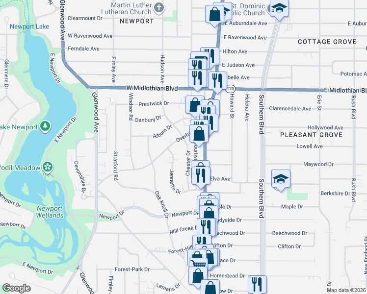 map of restaurants, bars, coffee shops, grocery stores, and more near 4245 Chester Drive in Youngstown
