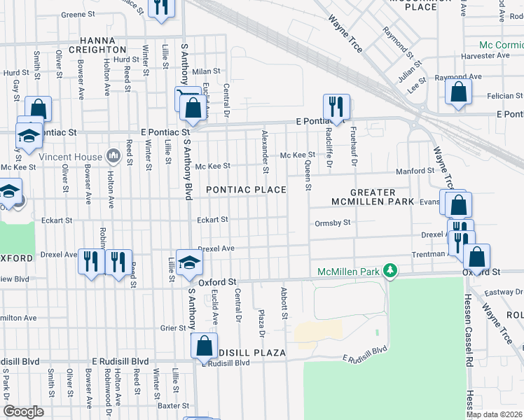 map of restaurants, bars, coffee shops, grocery stores, and more near 3105 Plaza Drive in Fort Wayne