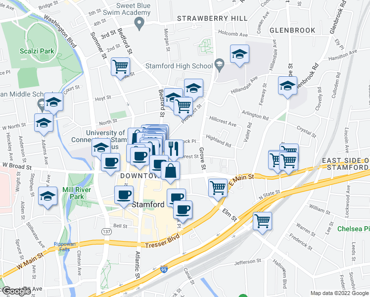 map of restaurants, bars, coffee shops, grocery stores, and more near 196 Greyrock Place in Stamford