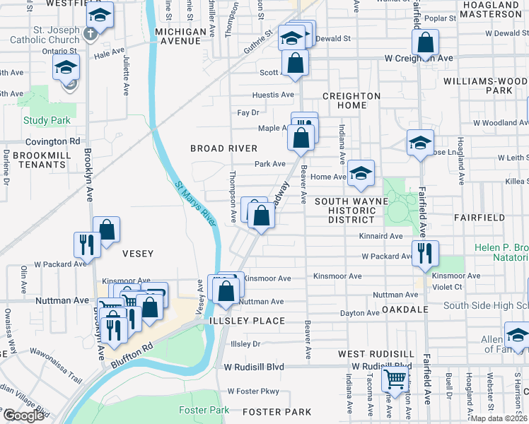map of restaurants, bars, coffee shops, grocery stores, and more near 3120 Broadway in Fort Wayne