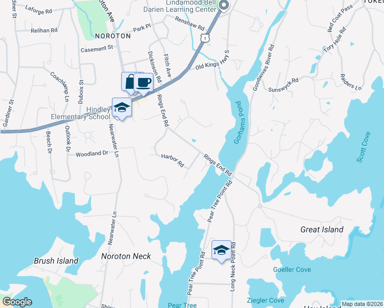 map of restaurants, bars, coffee shops, grocery stores, and more near 31 Harbor Road in Darien