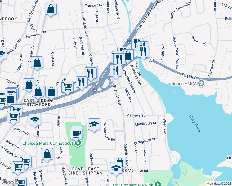 map of restaurants, bars, coffee shops, grocery stores, and more near 69 Seaside Avenue in Stamford