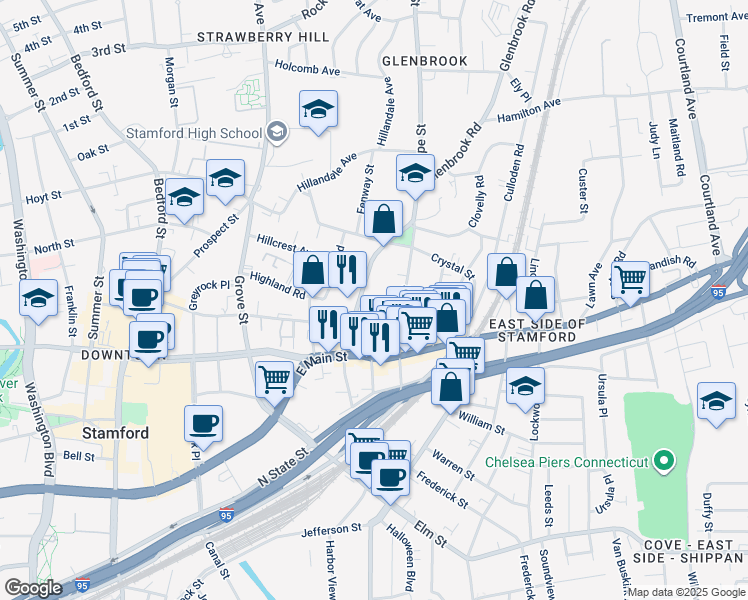 map of restaurants, bars, coffee shops, grocery stores, and more near 39 Glenbrook Road in Stamford