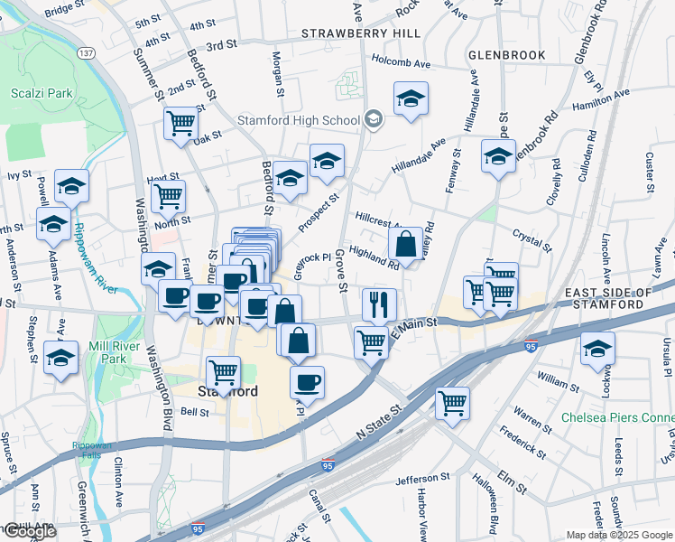 map of restaurants, bars, coffee shops, grocery stores, and more near 144 Forest Street in Stamford