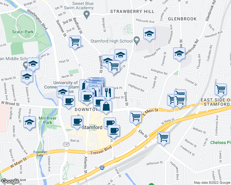 map of restaurants, bars, coffee shops, grocery stores, and more near 196 Greyrock Place in Stamford