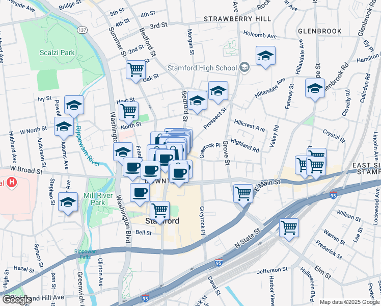 map of restaurants, bars, coffee shops, grocery stores, and more near 255 Prospect Street in Stamford