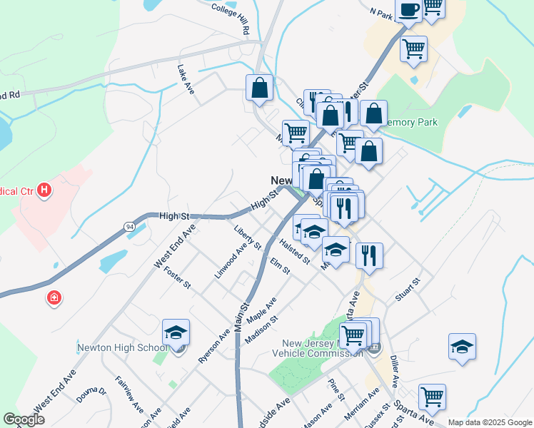 map of restaurants, bars, coffee shops, grocery stores, and more near 8 Division Street in Newton