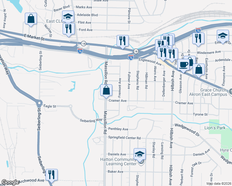 map of restaurants, bars, coffee shops, grocery stores, and more near 1843 Cramer Avenue in Akron