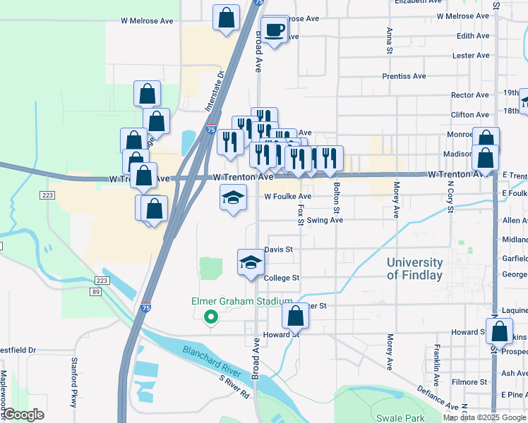 map of restaurants, bars, coffee shops, grocery stores, and more near 1229 Broad Avenue in Findlay