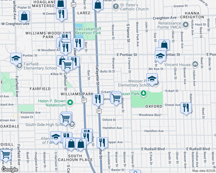 map of restaurants, bars, coffee shops, grocery stores, and more near 452 Eckart Street in Fort Wayne