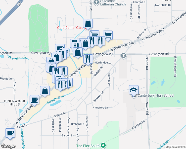 map of restaurants, bars, coffee shops, grocery stores, and more near 2920 Getz Road in Fort Wayne