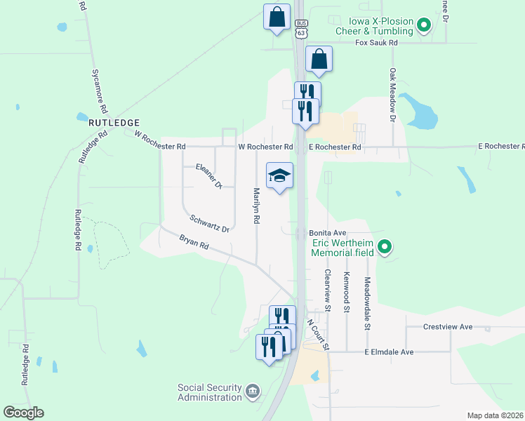 map of restaurants, bars, coffee shops, grocery stores, and more near 2620 Marilyn Road in Ottumwa
