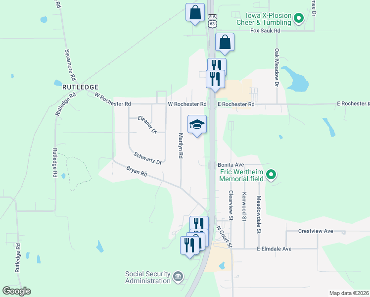 map of restaurants, bars, coffee shops, grocery stores, and more near 2620 Marilyn Road in Ottumwa