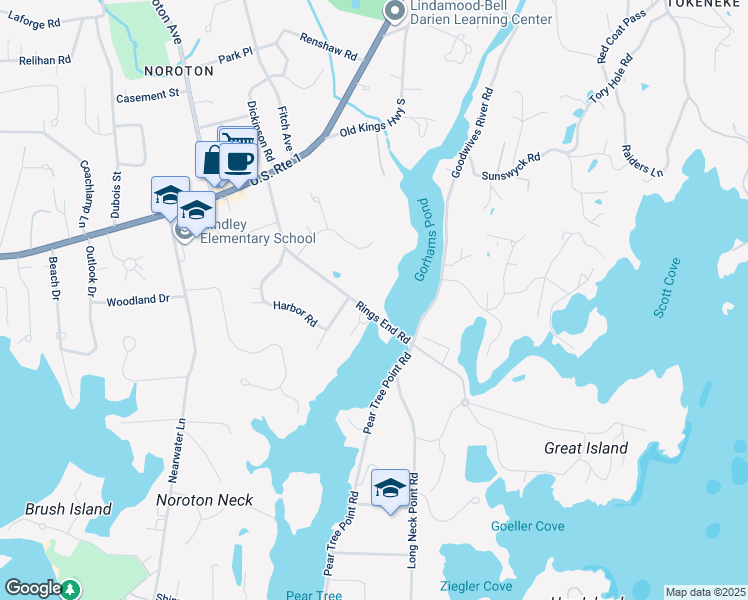 map of restaurants, bars, coffee shops, grocery stores, and more near 90 Rings End Road in Darien